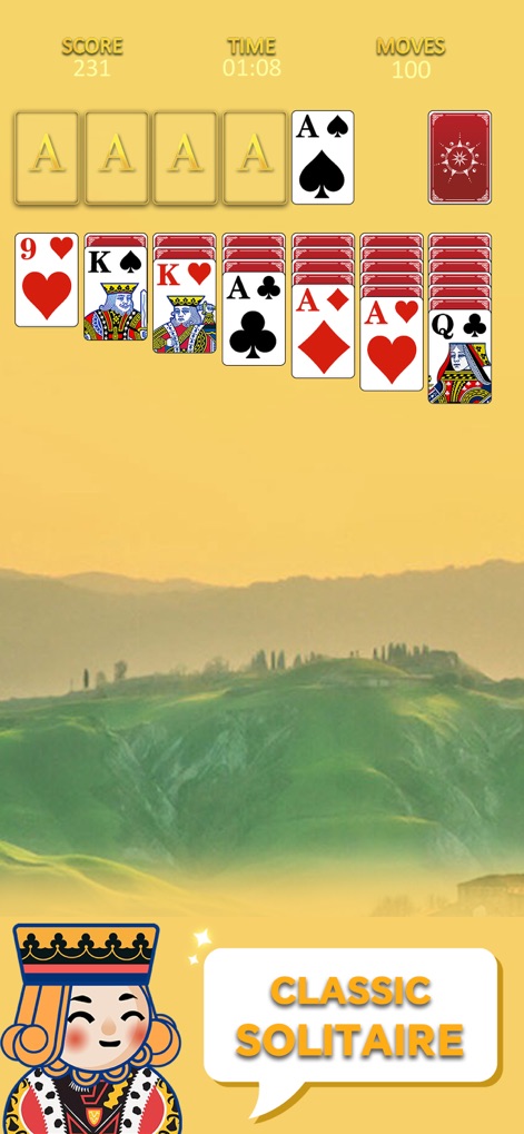 Solitaire Relax®: Classic Card - La aplicación presenta el juego tradicional con una interfaz intuitiva sobre un sereno fondo de paisaje, destacando la disposición clara de las cartas y el medidor de movimientos visible.