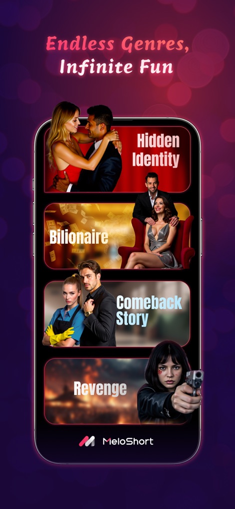 MeloShort-Stream Movies&Dramas - O aplicativo exibe uma seleção de gêneros populares como 'Hidden Identity' e 'Revenge', apresentados com imagens temáticas que orientam os usuários na escolha do conteúdo.
