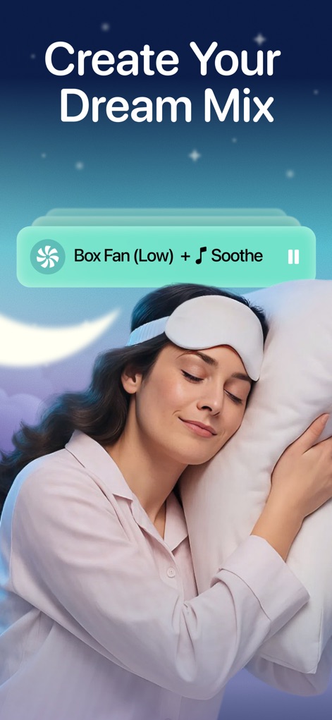 Bedtime Fan: White Noise Baby - Esta captura ilustra la capacidad de la aplicación para combinar sonidos, mostrando una mezcla activa de "Box Fan (Low)" con la pista "Soothe", ideal para crear un ambiente de sueño personalizado.