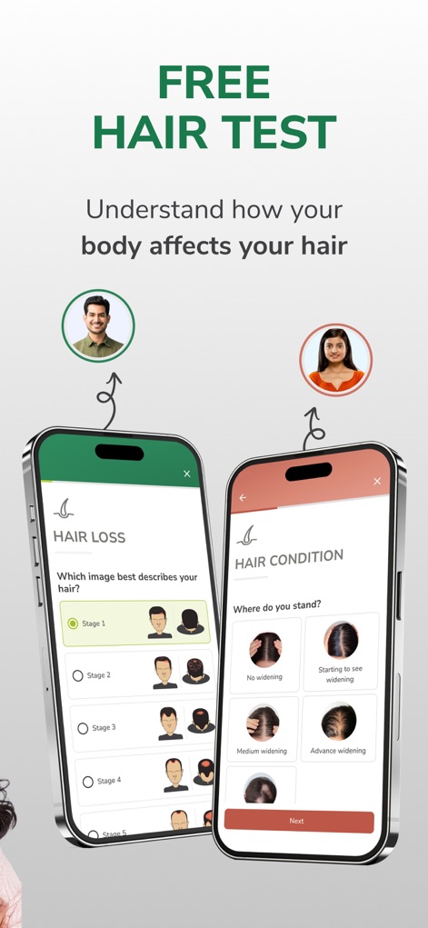 Traya: Hair Loss Solutions - Users can easily assess their hair condition through the app's detailed 'Hair Loss' stage selector and visual 'Hair Condition' widening options.