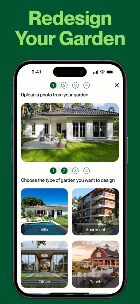 AI Garden Design: Landscape AI - Users can easily start their design journey with a straightforward photo upload interface, then select from various property type options such as Villa, Apartment, or Ranch to tailor their project.