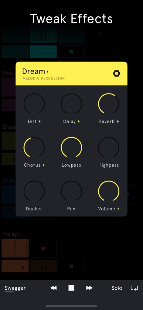 Auxy Studio - 사용자는 Dist, Reverb와 같은 스튜디오급 이펙트를 직관적인 원형 다이얼 인터페이스를 통해 정교하게 조절하여 사운드를 원하는 대로 조형할 수 있습니다.