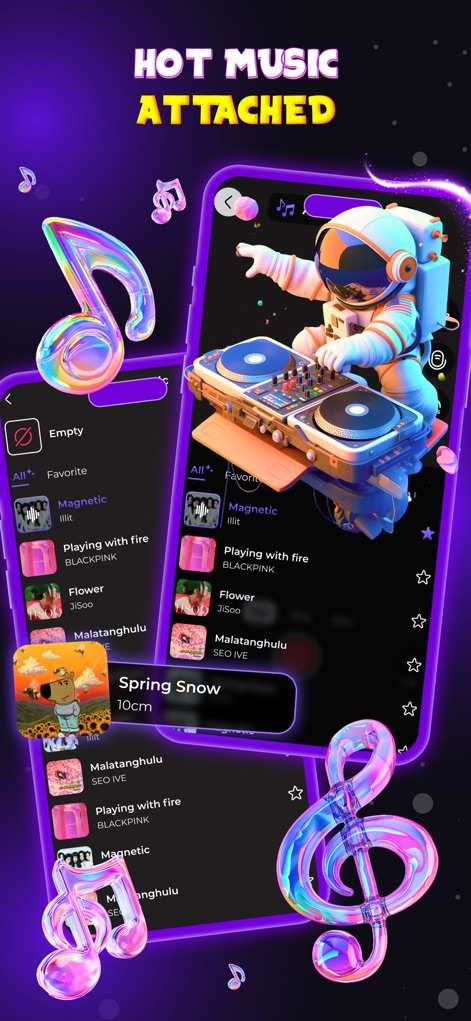 This or That: Funny Filter - Enhance video content with the app's Hot Music Attached feature, offering a curated playlist with song titles like 'Magnetic' and artist details.