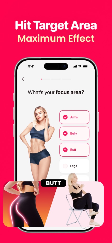 LazyFit: Workout For Beginners - Die App ermöglicht es Nutzern, ihren Fokusbereich zu wählen, wie hier durch die Auswahl von "Butt" und der visuellen Darstellung des entsprechenden Körperbereichs demonstriert.