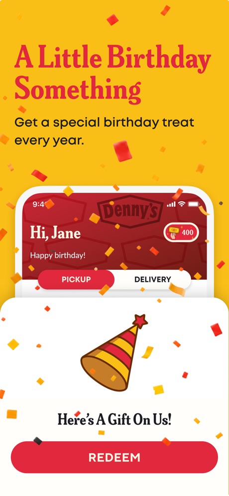 Denny's App Store screenshot 6, headline “A Little Birthday Something”. Names its audience.