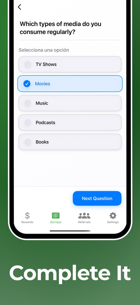 Earn real money cash - Surveys - The app's clear question format allows users to easily select responses from multiple-choice options, like specifying their media consumption habits.