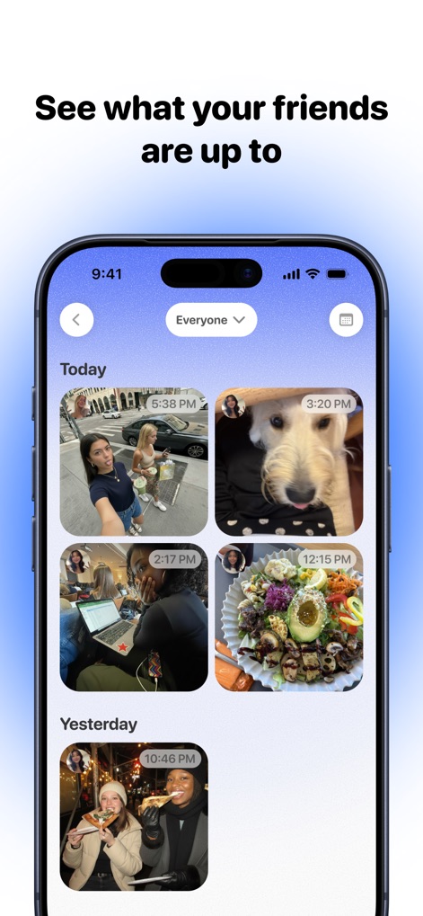 PicPet - Los usuarios pueden explorar fácilmente las actividades de sus amigos a través de una galería de fotos organizada, con contenido clasificado de manera intuitiva por "Hoy" y "Ayer".
