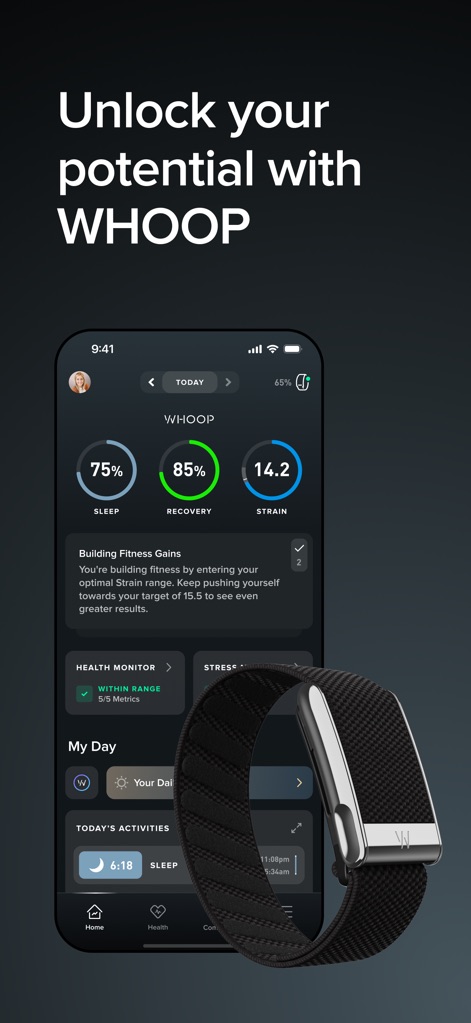 WHOOP - This app provides a comprehensive snapshot of daily metrics, showcasing sleep performance and recovery status, alongside the connected WHOOP wearable.