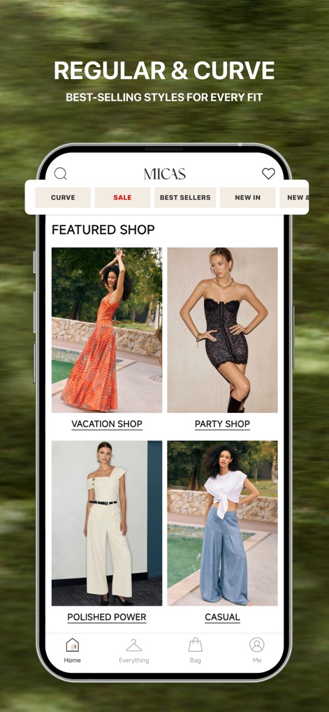 MICAS - Shop Women's Fashion - 本アプリは「レギュラー」と「カーブ」の両方に適したベストセラー商品を幅広く提供し、ユーザーはバケーションやパーティー向けなど、様々なシーンに合わせたアイテムを見つけられます。
