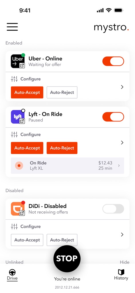 Mystro Driver: Drive & Deliver - Users gain full control over their multi-apping strategy through a centralized panel, managing individual app online/offline statuses and quickly accessing auto-accept and auto-reject configurations.
