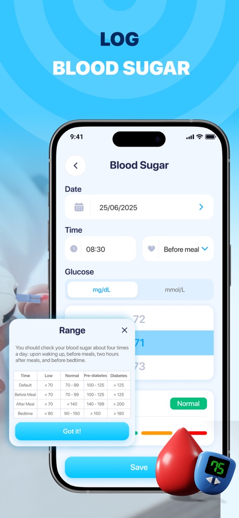 BP Tracker: Pressure Log - Log blood sugar levels with precision, utilizing both mg/dL and mmol/L units, and benefit from an informative popup that details standard blood sugar range guidelines for various times.