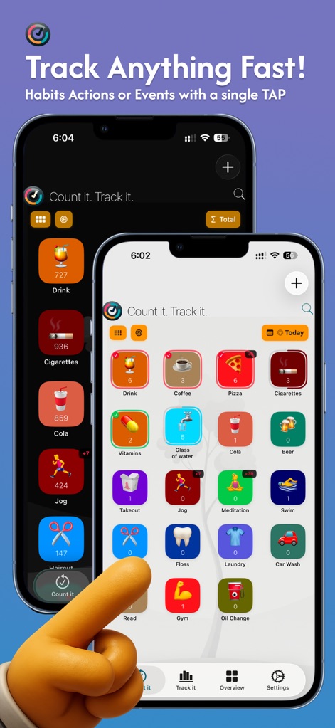 Habit Tracker Counter: CountIt - Découvrez la simplicité du suivi en un seul toucher et les icônes personnalisables pour chaque habitude.