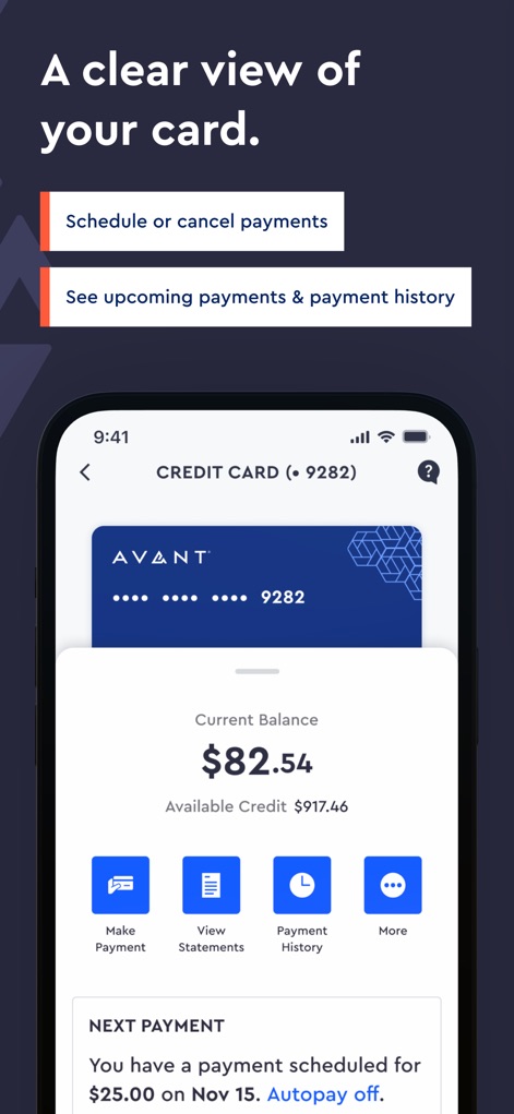 Avant - This tool streamlines credit card oversight, offering prominent display of current balance and easily accessible options for managing payments and viewing statements.