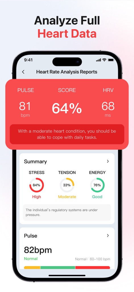 Blood Pressure App-Health Body - This tool generates comprehensive "Heart Rate Analysis Reports" displaying Pulse, Score, and HRV, alongside a "Summary" of stress, tension, and energy levels.