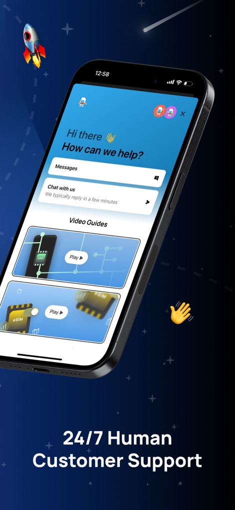 eSIMo: Travel eSIM & Calls - L'outil offre un accès rapide à l'assistance client par chat en temps réel, complété par des guides vidéo explicatifs pour une prise en main facilitée.