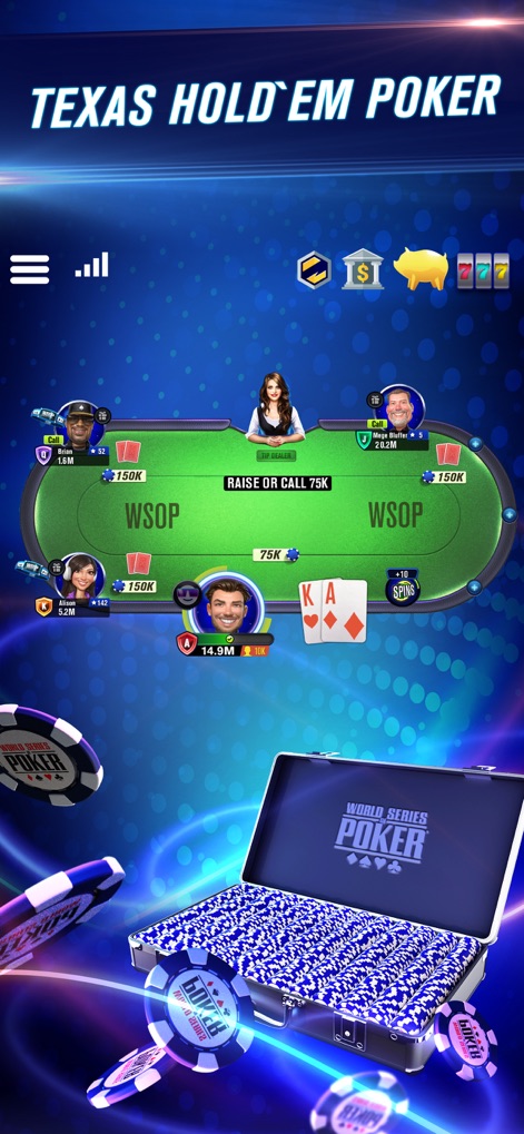 WSOP Poker: Texas Holdem Game - A interface de jogo do Texas Hold'em apresenta uma mesa de poker ativa com vários jogadores e suas apostas, além de um elegante case de fichas de poker no canto inferior.