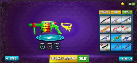 Paintball Shooting Team Strike - Cet écran met en lumière les vastes options de personnalisation des armes, où les utilisateurs peuvent visualiser les statistiques détaillées (dégâts, précision, cadence de tir) de chaque équipement.