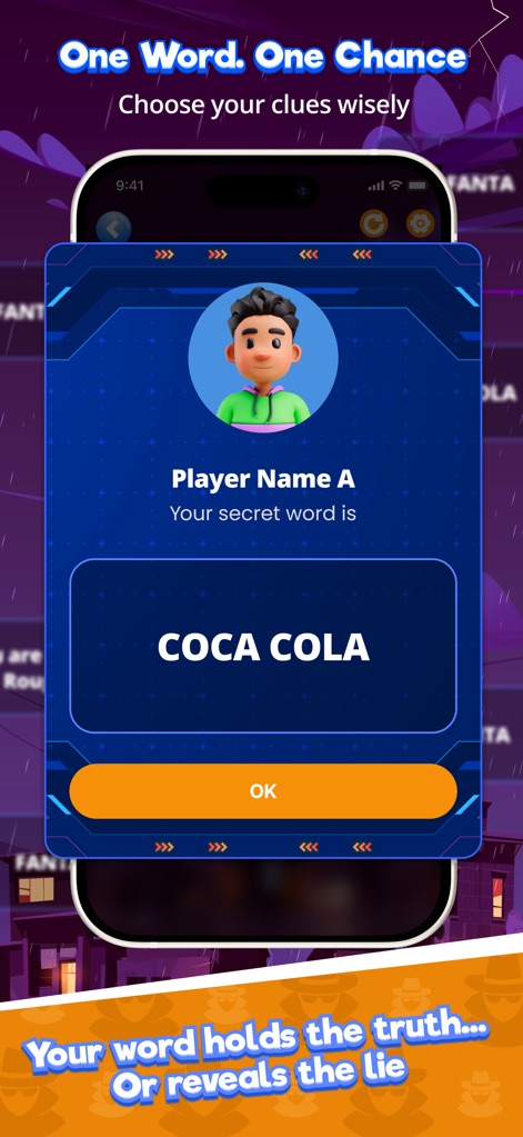 Uncover Lies: Imposter Game - This view reveals the critical "secret word" assignment for "Player Name A," central to the game's deduction and deception mechanics.