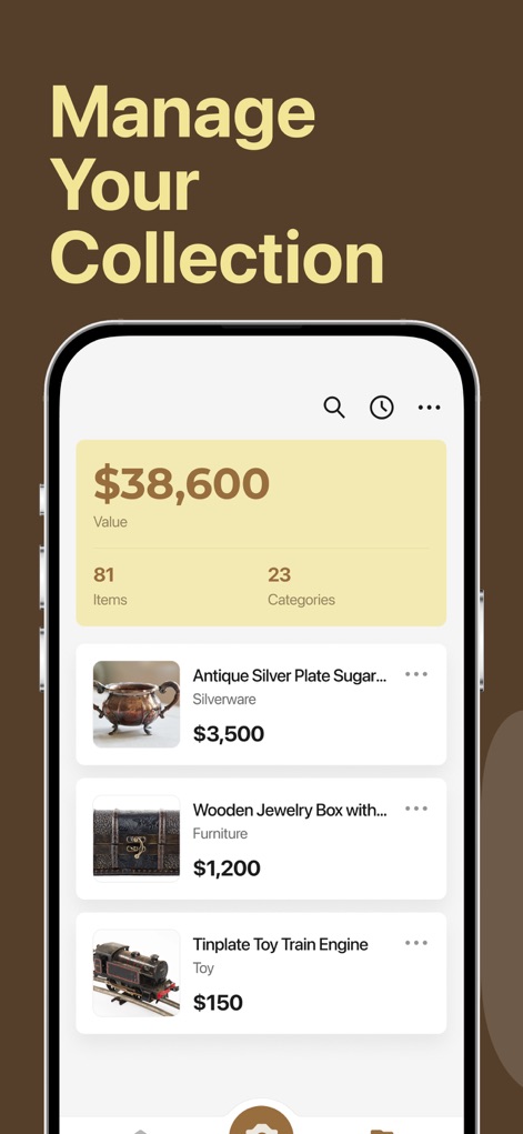 AntiqSnap: Antique Identifier - Los usuarios pueden organizar y ver el valor total de su colección, destacando el valor acumulado de $38,600 y los artículos individuales con su tasación.