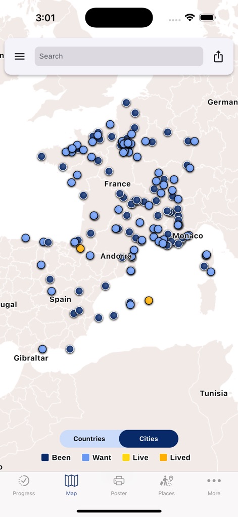 Visited: Travel Tracker & Map - Les voyageurs peuvent zoomer sur des régions spécifiques comme la France pour visualiser les villes déjà visitées (points jaunes) et celles qu'ils souhaitent explorer (points bleus).