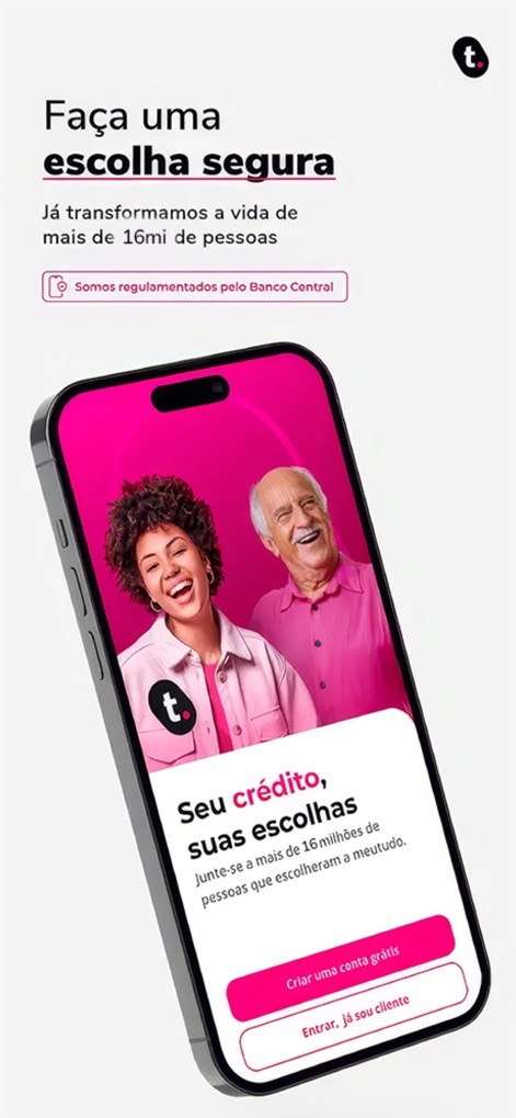 meutudo. Empréstimo, INSS FGTS - Explore the app's commitment to security, highlighted by its Central Bank regulation badge and the welcoming "Seu crédito, suas escolhas" interface for new users.