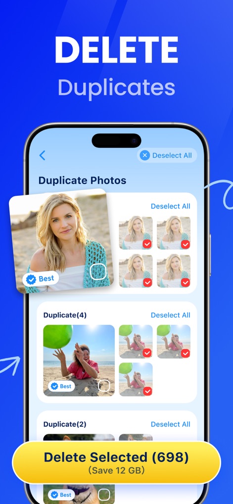 CleanCraft: Clean Up Storage - The app efficiently identifies and categorizes "Duplicate Photos", allowing users to easily select and "Delete Selected" items, clearly showing the amount of space saved.