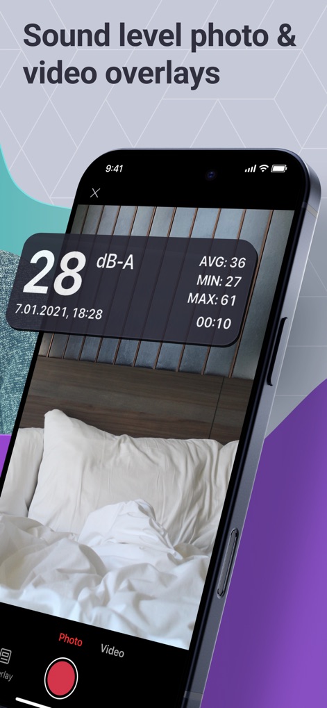 Decibel : dB sound level meter - Nutzer können Geräuschpegel-Overlays direkt zu Fotos und Videos hinzufügen, die sowohl den aktuellen dB-Wert als auch Durchschnitts-, Minimal- und Maximalwerte anzeigen.