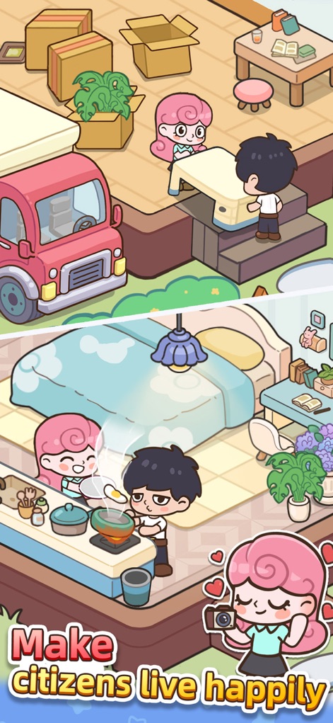 Happy Citizens - Mayor Sim - Users can observe citizens' engaging daily routines, from moving into new homes to preparing meals, emphasizing their active roles and the ability for them to capture happy moments.