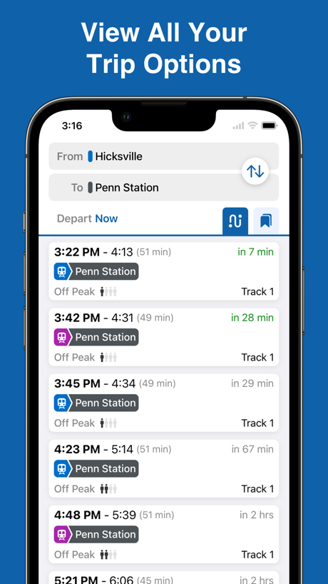 MTA TrainTime App Store screenshot 2, headline “View All Your Trip Options”. Tells you to do something.