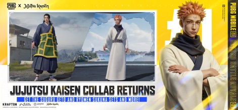 PUBG MOBILE - La aplicación revive su popular colaboración, mostrando personajes de la franquicia Jujutsu Kaisen en distintos atuendos y escenarios de juego.