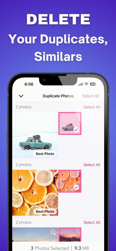 Photo Recovery: Pic Restore - Los usuarios pueden identificar fotos duplicadas organizadas en pares, con la herramienta señalando la 'Best Photo' y una opción para 'Select All'.