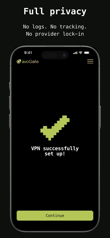 avoGate App Store screenshot 3, headline “Full privacy”. Rounded headline type.