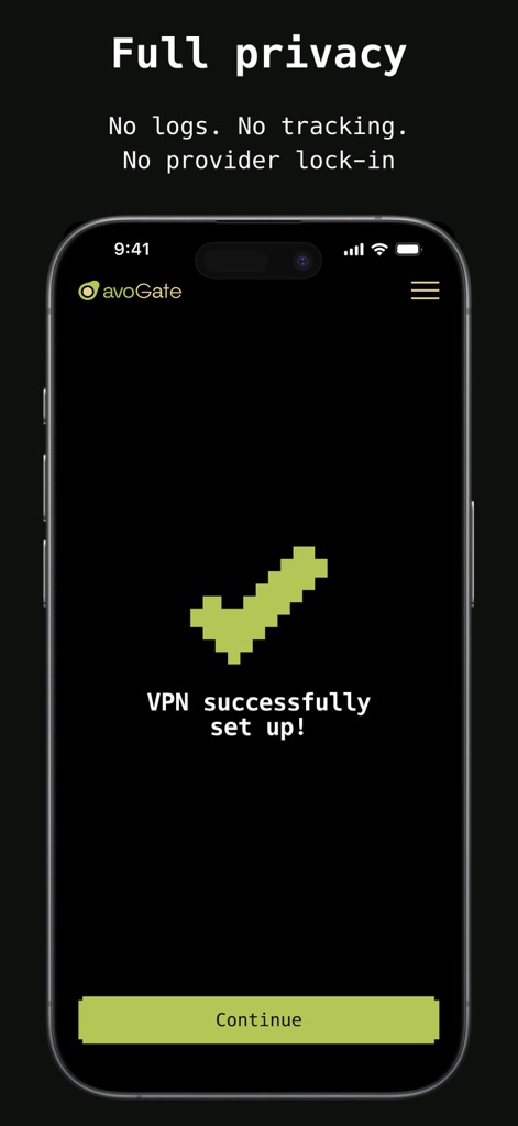 avoGate - Witness the seamless VPN setup confirmation, reassuring users of full privacy with explicit statements against logging or data tracking.