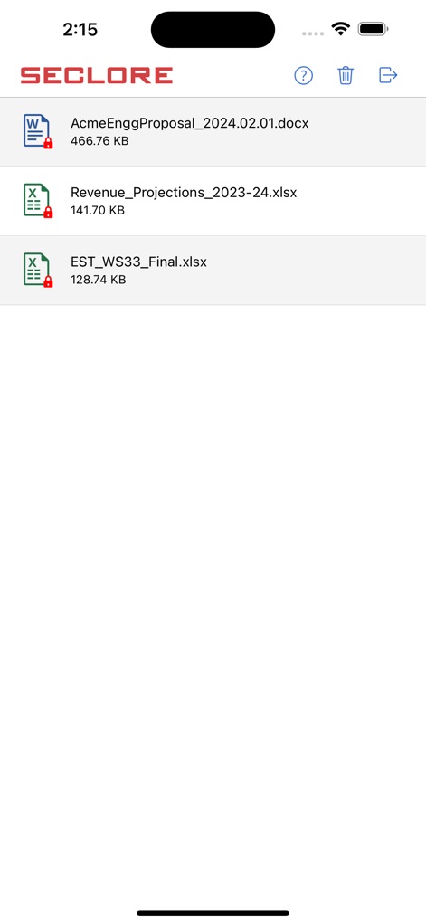 Seclore - L'app visualizza un elenco chiaro di documenti protetti, dove l'icona del lucchetto rosso accanto a ciascun file indica immediatamente la protezione applicata e le estensioni (.docx, .xlsx) mostrano la diversità dei formati gestiti.