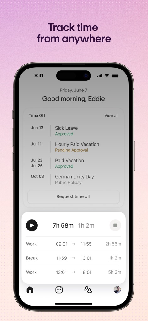 Personio - Nutzer können ihre Arbeits- und Pausenzeiten direkt über das Dashboard verfolgen und verwalten, mit klaren Anzeigen der Start- und Endzeiten sowie der Dauer.