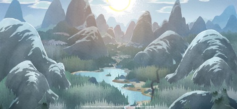 Snufkin Melody of Moominvalley - Uma vista panorâmica exibe uma vasta cadeia de montanhas pontiagudas, atravessada por um rio serpenteante que reflete a luz do sol.