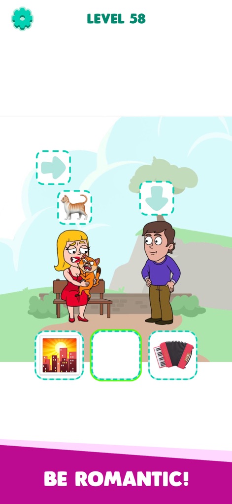 Emoji Story: Tricky Puzzles - Players navigate social and romantic scenarios, using their imagination to match elements like the vibrant cityscape or the melodic accordion to create the perfect emotional setting for the characters.