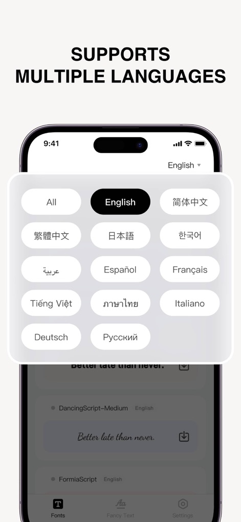 Fonts – - Explore the app's extensive multilingual capabilities, featuring a clear language selection menu and distinct options for various international scripts.