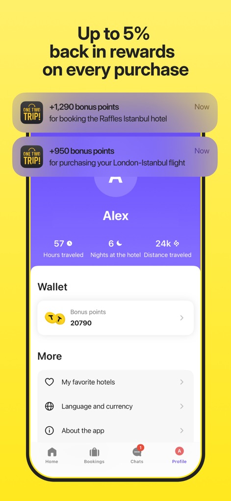 OneTwoTrip Flights and Hotels - The user profile showcases a comprehensive bonus points wallet and personalized travel statistics, tracking aspects like 'hours traveled' and 'nights at the hotel'.