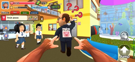 Monkey Student: School Prank - The game allows players to stick funny signs, like "I'm a Pig", onto teachers' backs, observing the comical reactions of nearby laughing students.