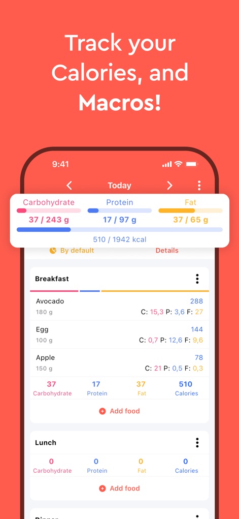 Macros - Calorie Counter - This screenshot reveals the app's intuitive daily food log, displaying both a high-level macro summary and detailed meal breakdowns for each food item.