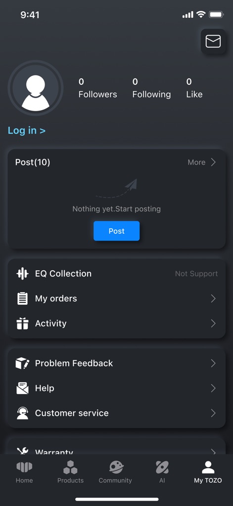 TOZO-Tech Around You - Users can manage personal account details and engage with community posts, or access comprehensive support options including 'Problem Feedback' and 'Customer service'.