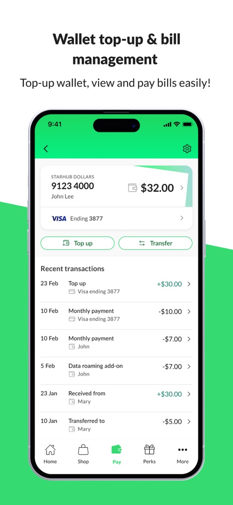 StarHub App - La interfaz de gestión de billetera permite a los usuarios visualizar su saldo de StarHub Dollars y acceder a un historial detallado de transacciones recientes, facilitando la recarga y el seguimiento financiero.