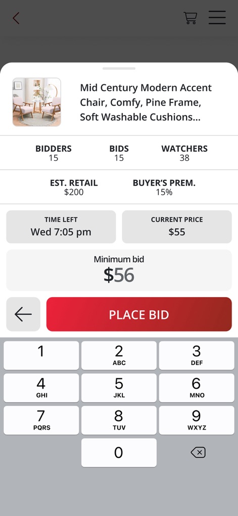 Nellis Auction - The app streamlines the bidding process, allowing users to easily input their 'Minimum bid' using a dedicated numerical keypad.