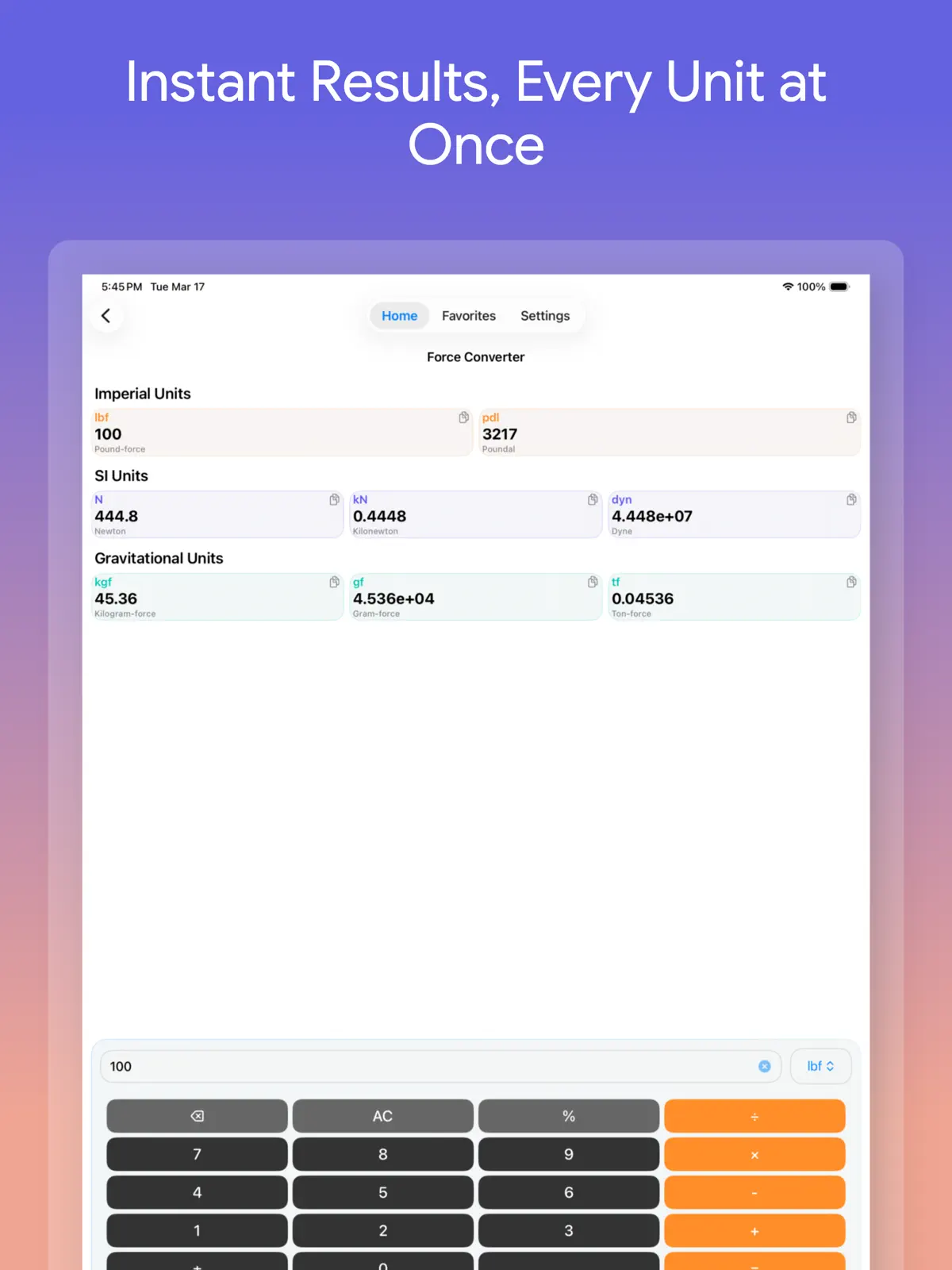 Unit Converter Max showing unit categories, multiple conversion results, and world currencies on iPhone — iPad (1/4)