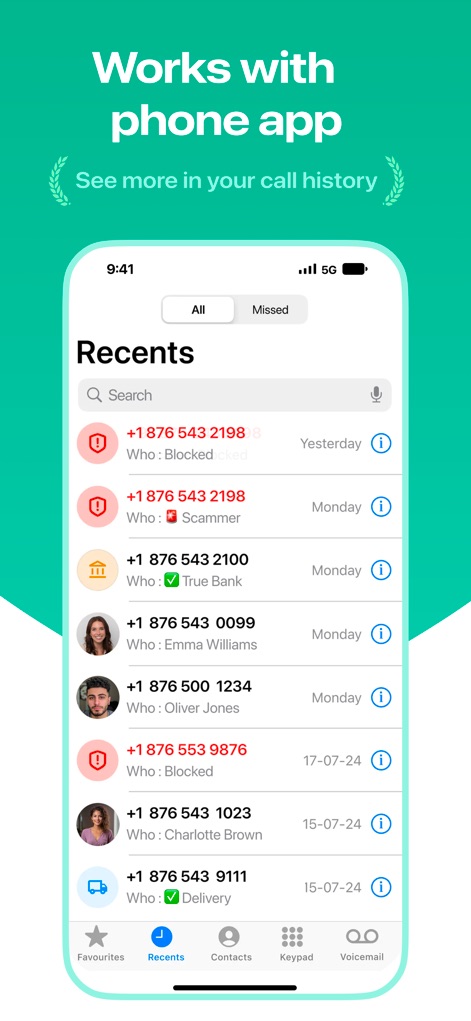 Who: Premium True Caller ID - Understand how the app integrates directly with the phone app, enriching call history with detailed identifications like 'Who: Blocked' and 'Who: True Bank'.