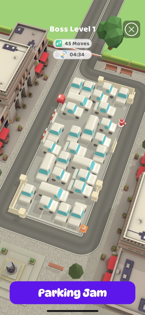 Parking Jam 3D - Découvrez l'intensité du 'Niveau Boss 1': un parking gigantesque, saturé de voitures, où chaque mouvement compte.