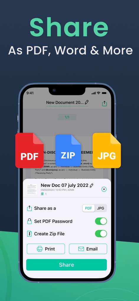 Camera Scanner: Scan to PDF - Lo strumento offre diverse opzioni di condivisione, inclusa la possibilità di esportare in formati come "PDF" e "ZIP", e di inviare file tramite le opzioni "Print" o "Email" per una distribuzione rapida.