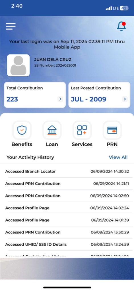 MySSS - The app's dashboard provides users with an immediate summary of their SSS journey, displaying essential metrics like Total Contribution and the Last Posted Contribution at a glance.