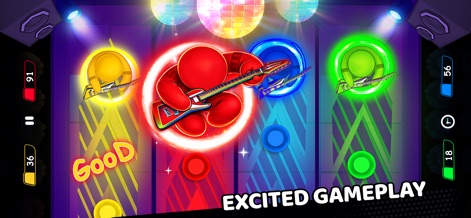 Stick Fun Party Mini Games - Los usuarios pueden disfrutar de la vibrante jugabilidad con el stickman guitarrista y los círculos de colores que indican el ritmo, prometiendo una experiencia musical excitante con la frase 'EXCITED GAMEPLAY'.